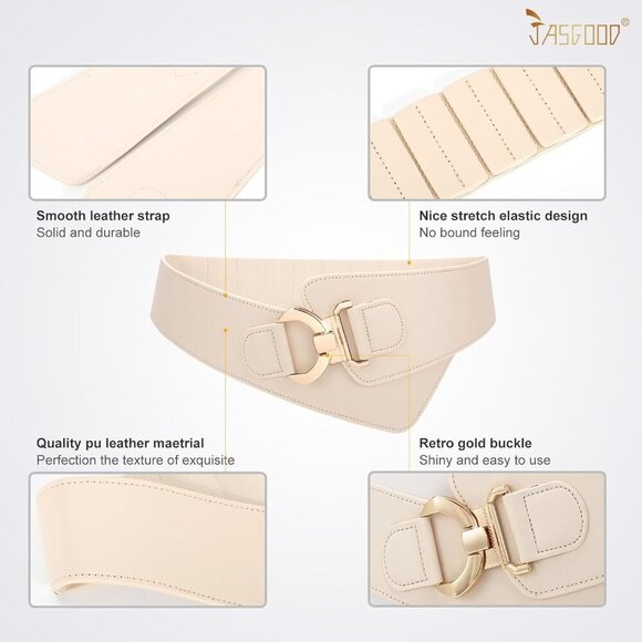 Women\'s Wide Elastic Stretch Waist Belt Adjustable Dress Belt Matte Beige Gold main image 4